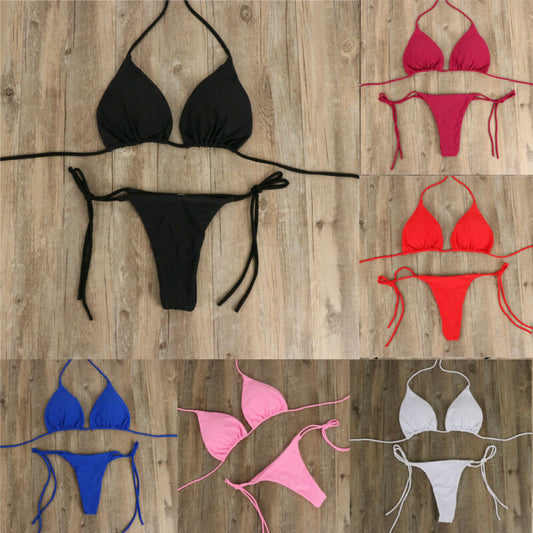 Two-Piece Set Womens Sexy Swimwear Micro Bikini Set Triangle Push-Up Bra Tie Side G-String Thong Solid Color Sets Beach Swimsuit