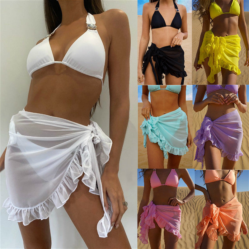 Women Swimsuit Bikini Cover-Ups Skirt Summer Solid Color Beach Wrap Skirt Swimwear Female Ruffles Trim Lace Up Sarong Cover Ups