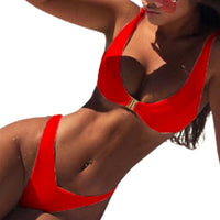 Women Sexy 2pcs Solid Color Bikini Set  push up bra 2021 designer luxury Scoop Neck Metal Buckle Front Swimsuit
