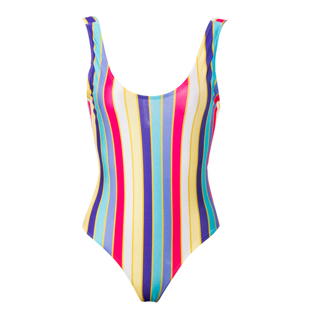 New Summer Women Backless High Waist Fashion Beach Swimsuit Swimwear Bathing Monokini Push Up Rainbow Striped Bikini Hot S M L