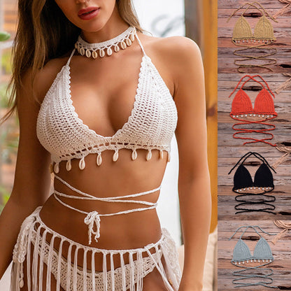 Solid Push Up Cotton Women New Fashion Sexy Hollow Out Pure Hand-Woven Shell Bikini Mujer Top Swimwear Maillot De Bain Femme