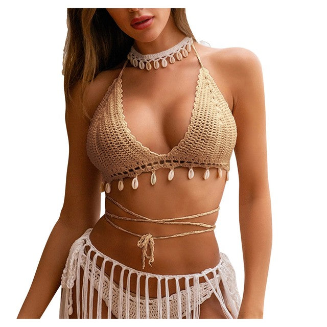 Solid Push Up Cotton Women New Fashion Sexy Hollow Out Pure Hand-Woven Shell Bikini Mujer Top Swimwear Maillot De Bain Femme