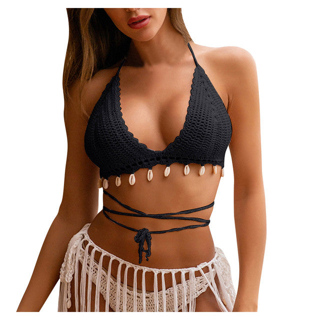 Solid Push Up Cotton Women New Fashion Sexy Hollow Out Pure Hand-Woven Shell Bikini Mujer Top Swimwear Maillot De Bain Femme