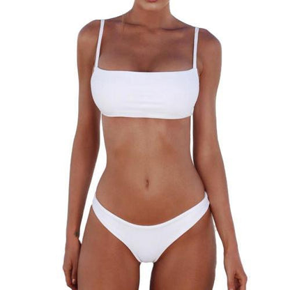 Solid Color Women Strap Top Padded Bra High Waist Panties Bikini Swimwear Set Women&#39;s Swimsuits 2021 Sexy Swimwear Female Swim