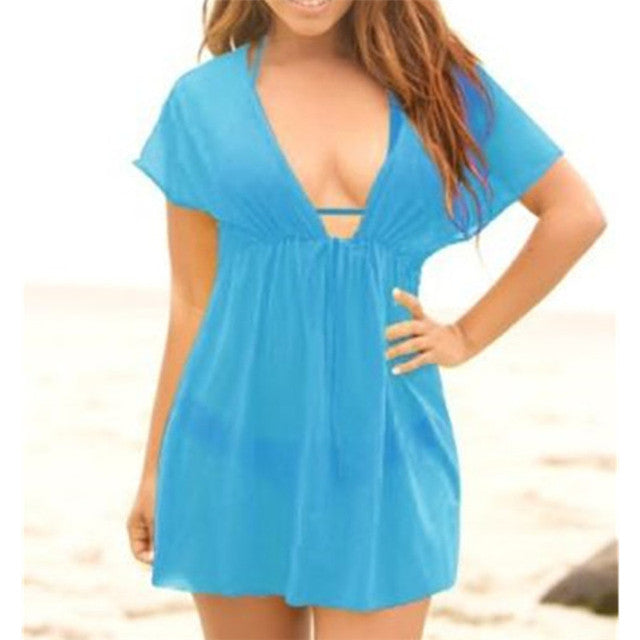 2019 Beach Style Women Ladies Beach Cover Up Summer Chiffon Mini Dress Swimwear See-through V-Neck Shortsleeve Bikini Cover-Ups