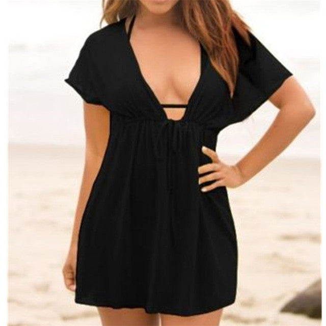 2019 Beach Style Women Ladies Beach Cover Up Summer Chiffon Mini Dress Swimwear See-through V-Neck Shortsleeve Bikini Cover-Ups