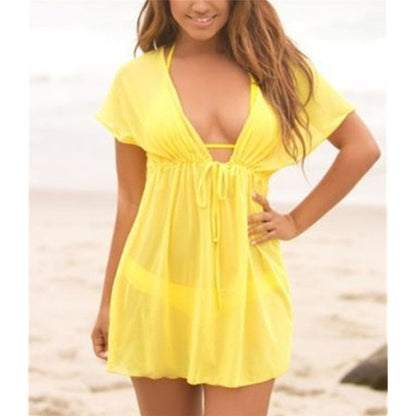 2019 Beach Style Women Ladies Beach Cover Up Summer Chiffon Mini Dress Swimwear See-through V-Neck Shortsleeve Bikini Cover-Ups