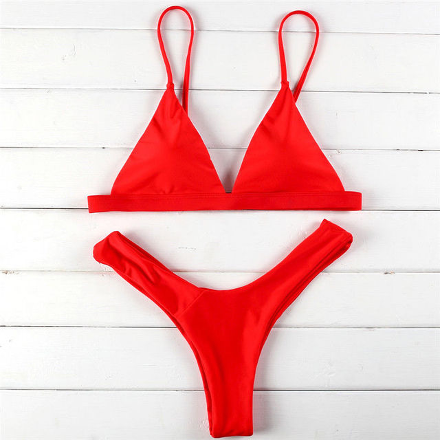 2Pcs Women Summer Bikinis Set Solid Color V-Neck Padded Bra Thongs Swimsuit Push-up Swimwear Beachwear Bathing Suits