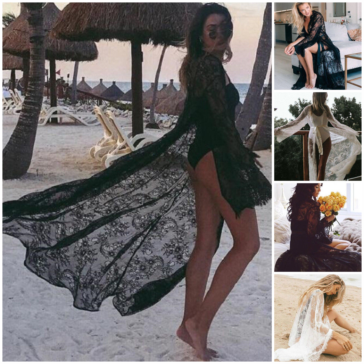 Summer Fashion Women Lace Hollow Crochet Swimwear Bikini Long Sleeve Cover Up Beach Dress Sarongs Kaftan