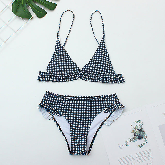 2021 Summer New Plaid Sexy Bikini Set Push Up Ruffles Padded Swimwear Bikini Women Bathing Suit Beachwear Swimming Suit Set