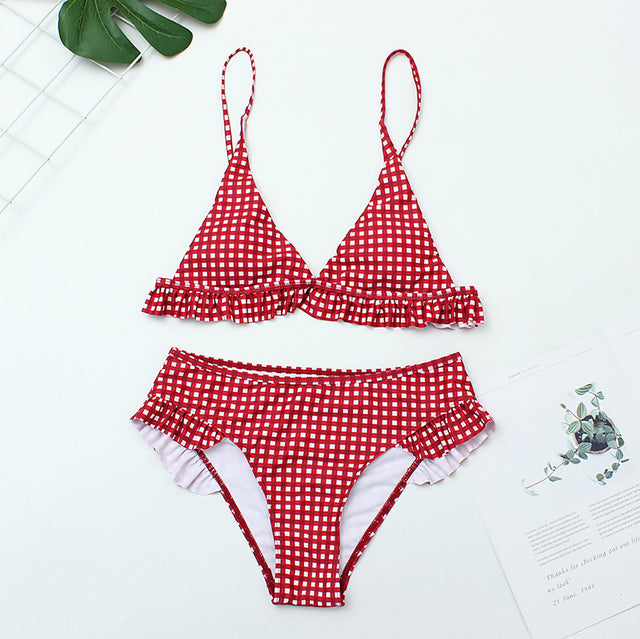 2021 Summer New Plaid Sexy Bikini Set Push Up Ruffles Padded Swimwear Bikini Women Bathing Suit Beachwear Swimming Suit Set