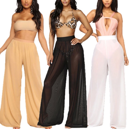 Women&#39;s Chiffon Swimwear Cover Ups Sexy See Through Boho Wide Leg High Waist Trousers Beach Long Loose Mesh Sheer Pants Hot